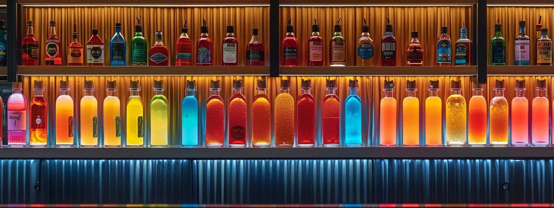 a vibrant and stylish bar counter showcases a selection of australian slush syrup bottles, reflecting the latest flavour trends and innovative packaging in the bustling atmosphere of a contemporary foodservice establishment.