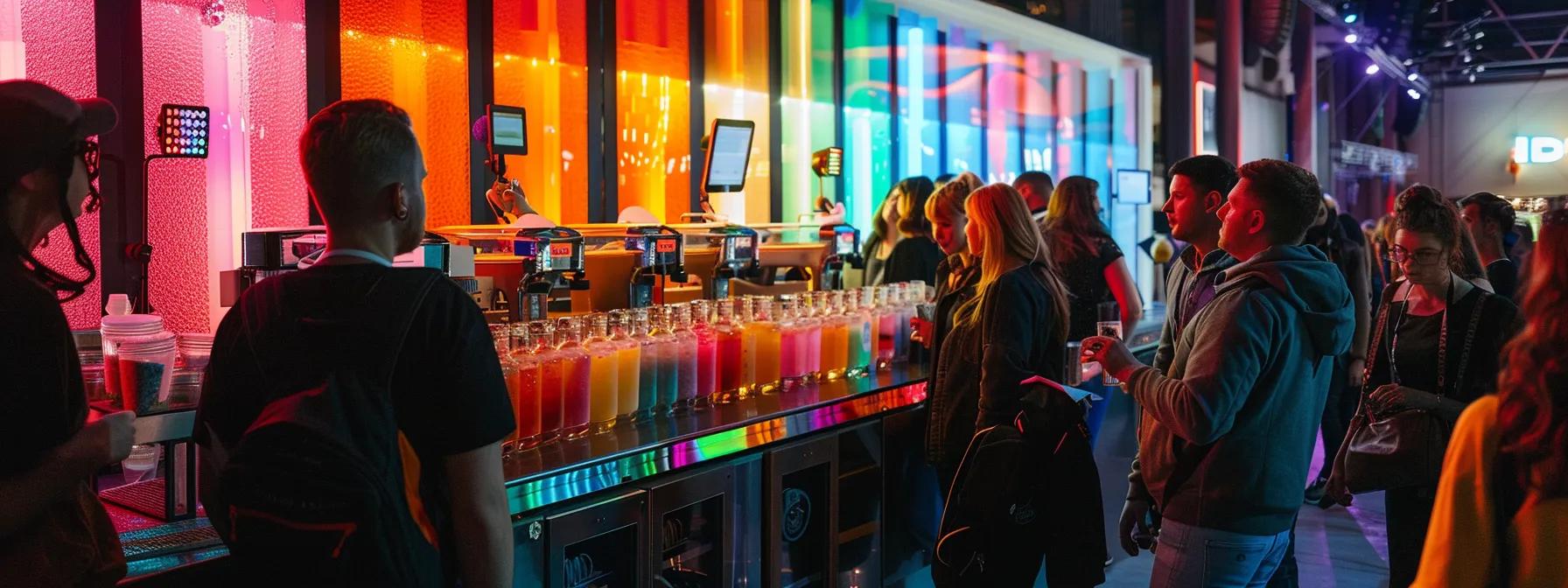 a vibrant, bustling event space filled with colourful slush syrup machines, showcasing a variety of enticing flavours, as patrons enthusiastically engage with the refreshing beverages in a lively atmosphere.