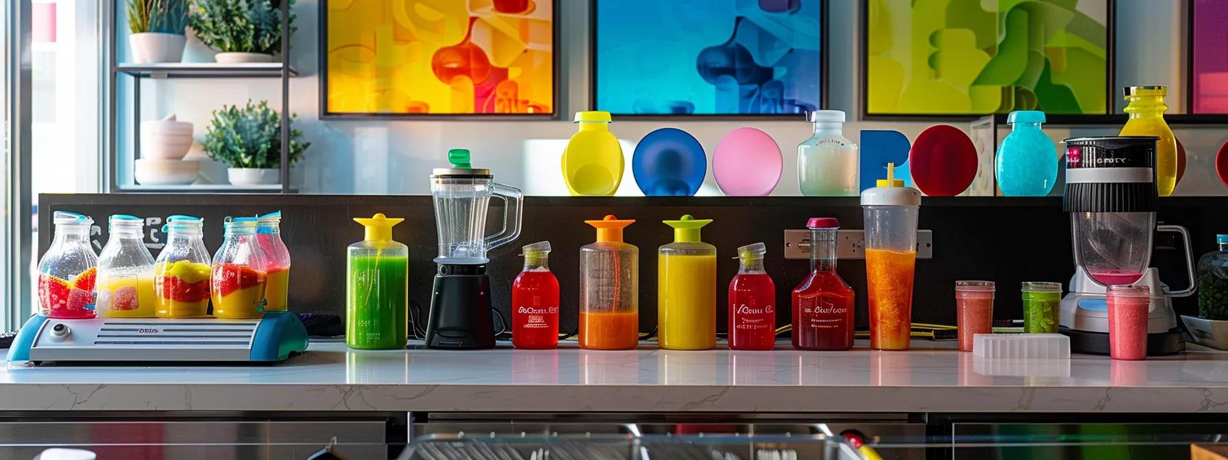 a vibrant, modern kitchen setting showcases a professional blending station, complete with colourful australian syrup bottles and a sleek slushie machine, exuding a sense of creativity and precision in crafting the perfect slushie.
