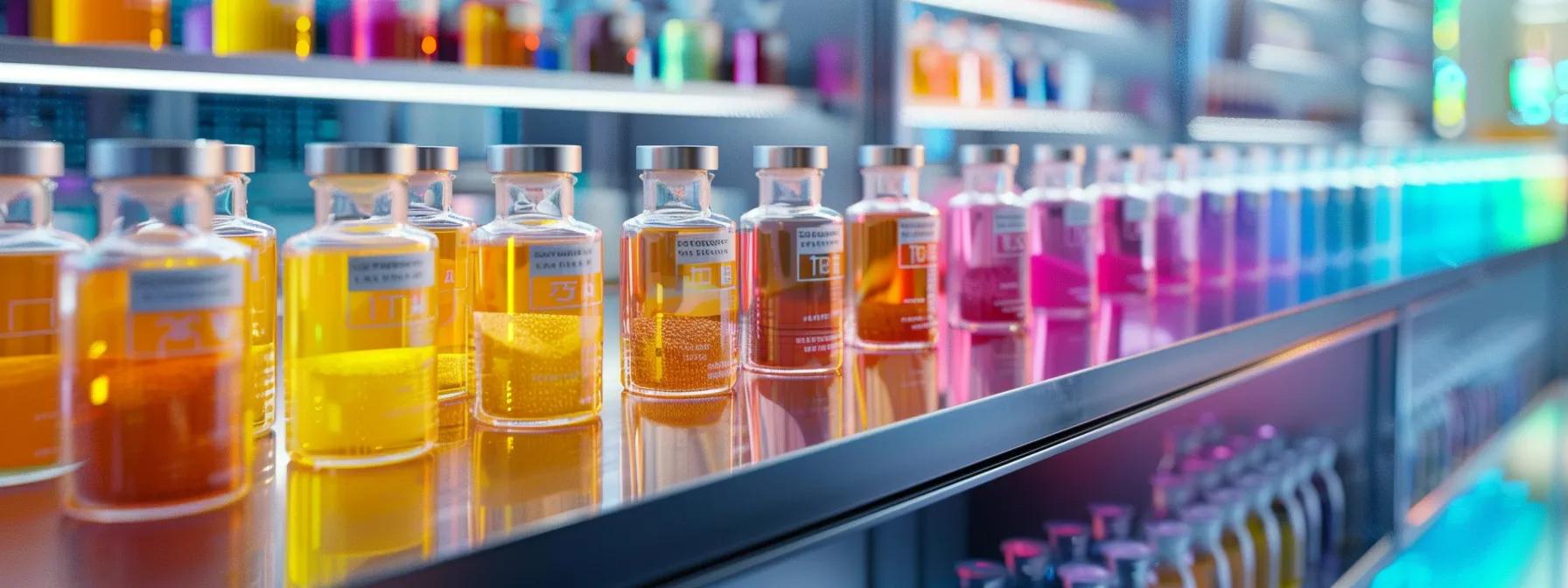 a vibrant, modern laboratory setting showcases an array of colourful slush syrup ingredients meticulously displayed in glass containers, highlighting nutritional labels and allergen information on sleek digital screens.
