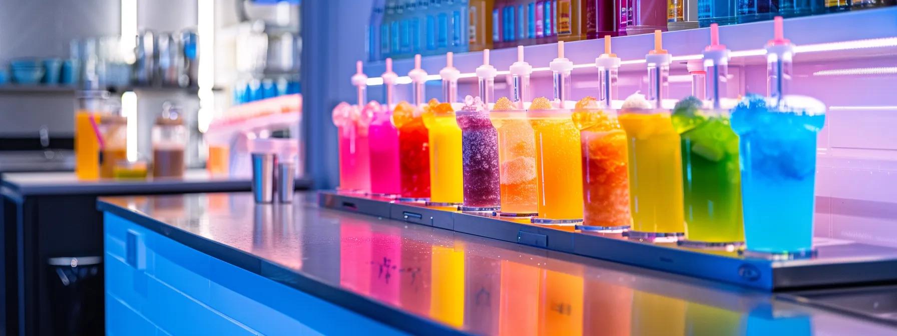 a dynamic and modern commercial kitchen setting showcases a vibrant array of colourful slush syrups, with sleek slush machines displaying the precision of their calibration and innovative design, set against a backdrop of professional chefs meticulously preparing unique beverage concoctions.