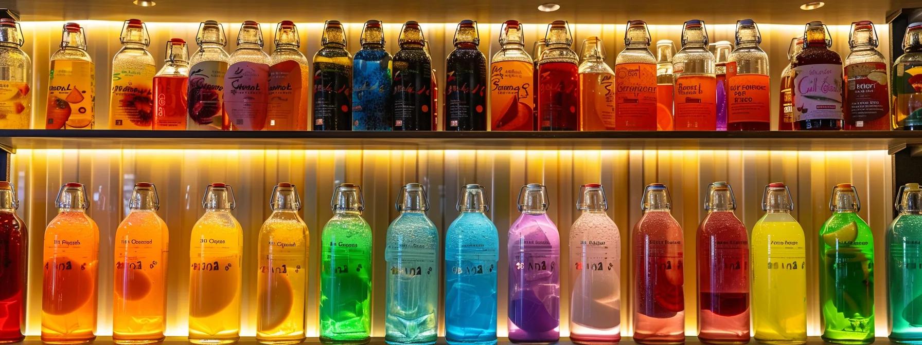 a vibrant, eye-catching display of colourful slush syrup bottles in a chic urban café, with labelled flavours ranging from tropical fruit to exotic cocktail blends, illuminated by ambient indoor lighting.