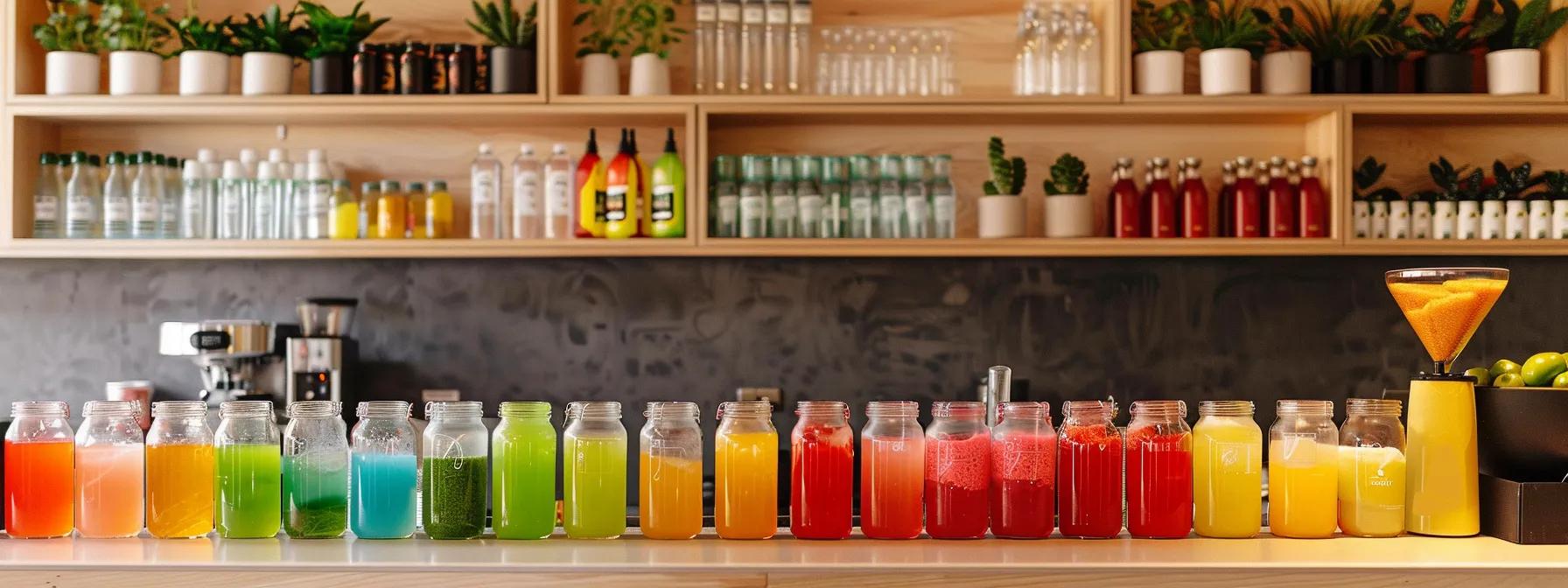 a vibrant, modern urban café showcases a sleek countertop filled with an array of colourful, gourmet slush syrups in eco-friendly packaging, enticingly displayed alongside trendy, sugar-free options that reflect the latest innovations in the australian market.